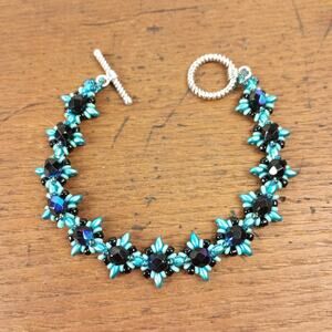 HANDMADE Teal, Aqua and Jet AB Star-crossed bracelet Unique Festival Artisan